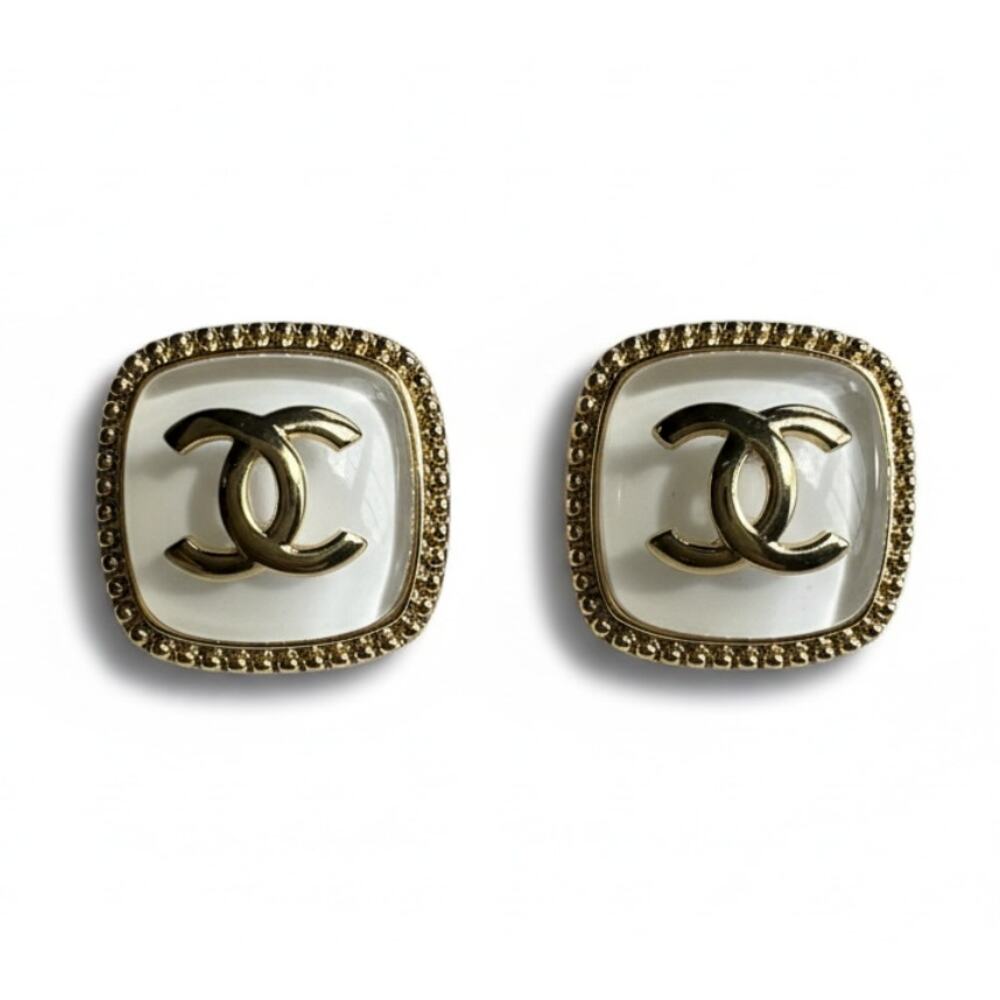 CHANEL CC Square Stud Earrings Metal with Pearl White Enamel 25A (CHXX016)